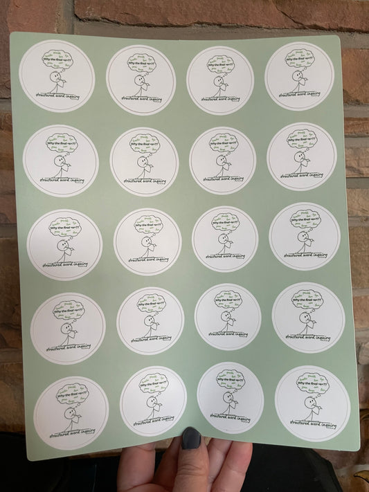 Sheet of "Why the final 'e'?" stickers